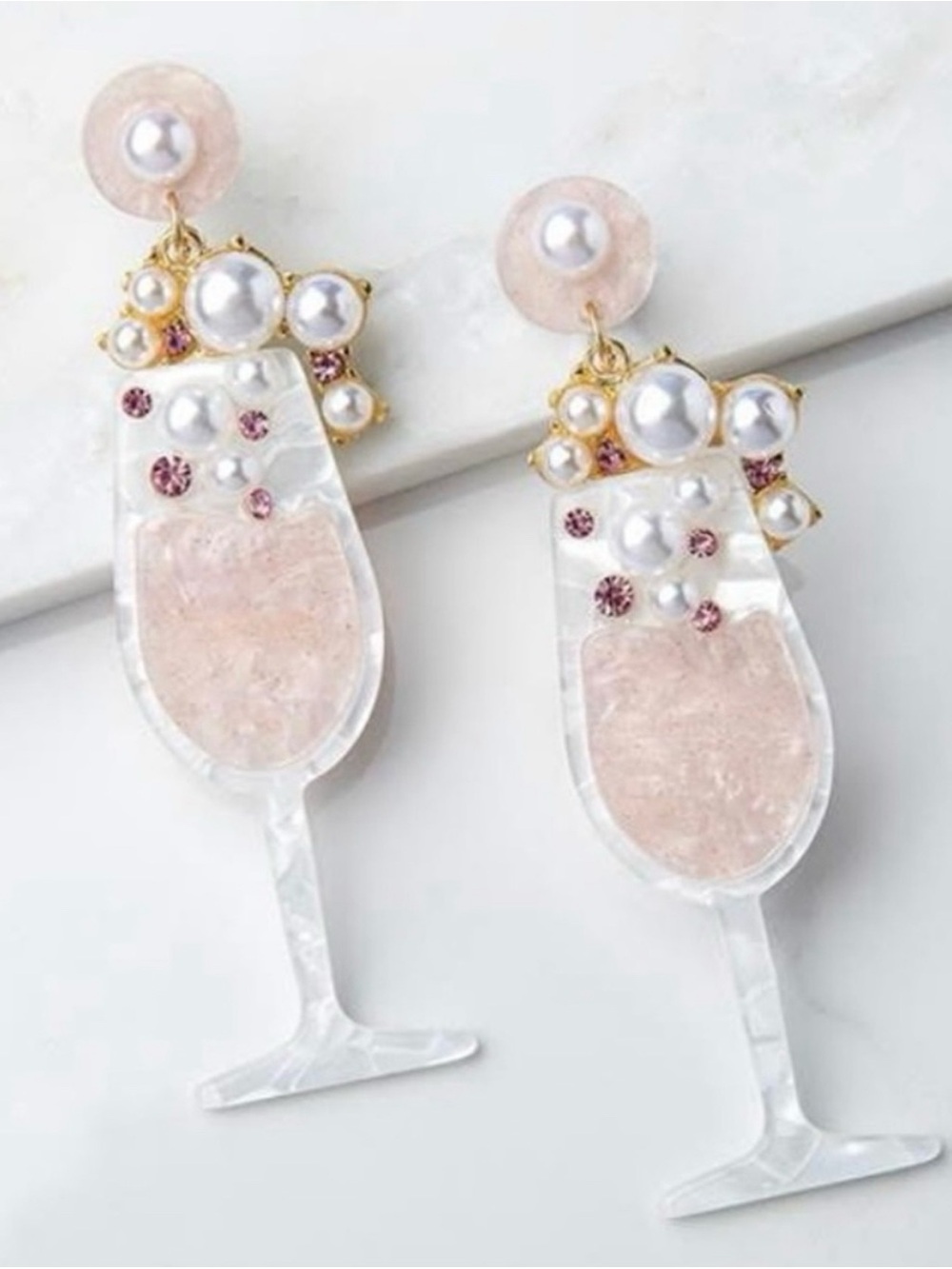 Pink Pearl & Rose Cocktail Glass Drop Earrings New